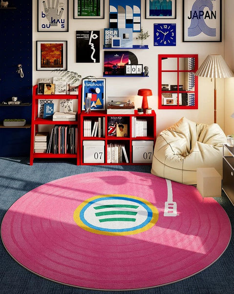 Geometric Round Rugs for Small House, Pink Modern Floor Rugs Next to Bed, Circular Modern Rugs for Dining Room, Contemporary Floor Carpets for Apartment-Silvia Home Craft