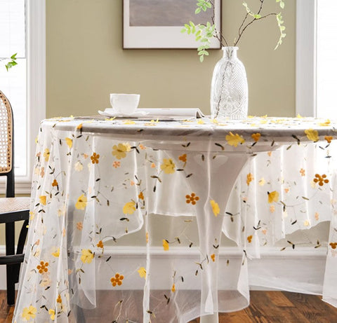 Yellow Flower Lace Tablecloths, Extra Large Rectangular Tablecloth for Oval Table, Lace Embroidered Table Covers, Rectangular Table Covers for Coffee Table-Silvia Home Craft