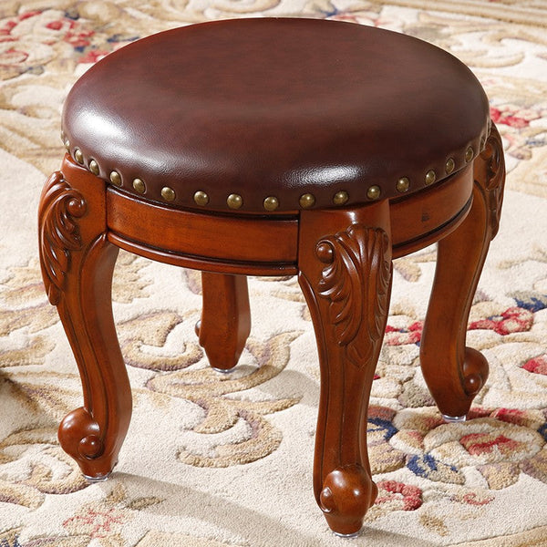 Solid Wood Ottoman, Rubberwood Entry Bench, Vanity Stool, Genuine Leather Solid Wood Entry Bench, Vintage Round Stool-Silvia Home Craft