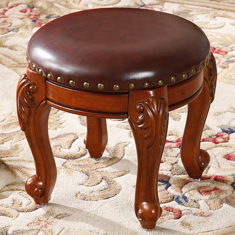 Solid Wood Ottoman, Rubberwood Entry Bench, Vanity Stool, Genuine Leather Solid Wood Entry Bench, Vintage Round Stool-Silvia Home Craft