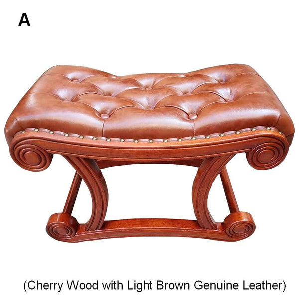 Vintage Leather Stool, Genuine Leather Solid Wood Entry Bench, Cherry Wood Footstool, Long Bench, Vanity Stool, Dressing Table Stool