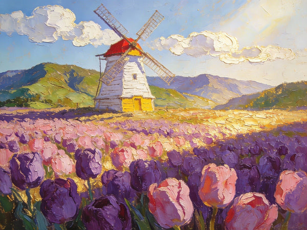 Landscape Oil Paintings, Windmills Among the Blooming Tulips, Small Oil Paintings on Wall, Original Artwork Small Wall Art, Hand Painted Canvas Art, Small Wall Paintings-Silvia Home Craft