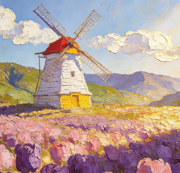 Landscape Oil Paintings, Windmills Among the Blooming Tulips, Small Oil Paintings on Wall, Original Artwork Small Wall Art, Hand Painted Canvas Art, Small Wall Paintings-Silvia Home Craft