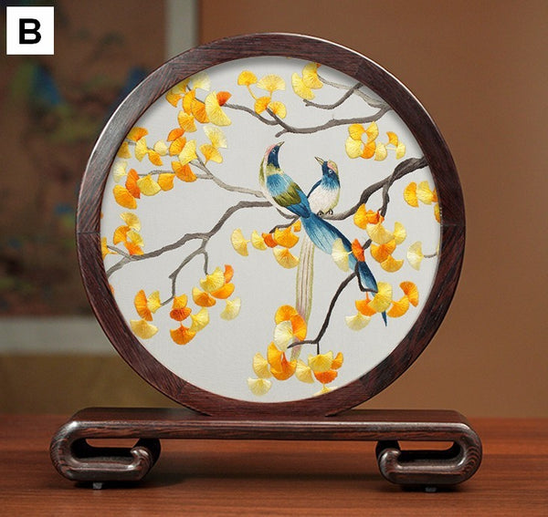 Embroidered Ornament, Traditional Chinese Suzhou Flower and Birds Silk Embroidery Ornaments, Exclusive Business Presents, Creative Birthday Gift, Premium Souvenir-Silvia Home Craft