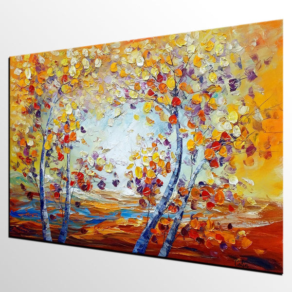 Heavy Texture Canvas Art, Autumn Tree Landscape Art, Custom Canvas Painting for Living Room