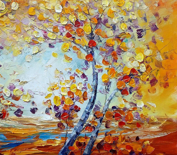 Heavy Texture Canvas Art, Autumn Tree Landscape Art, Custom Canvas Painting for Living Room-Silvia Home Craft