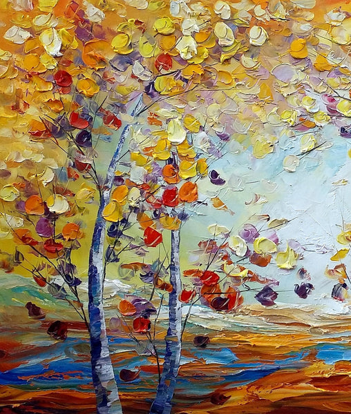 Heavy Texture Canvas Art, Autumn Tree Landscape Art, Custom Canvas Painting for Living Room