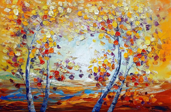 Heavy Texture Canvas Art, Autumn Tree Landscape Art, Custom Canvas Painting for Living Room-Silvia Home Craft