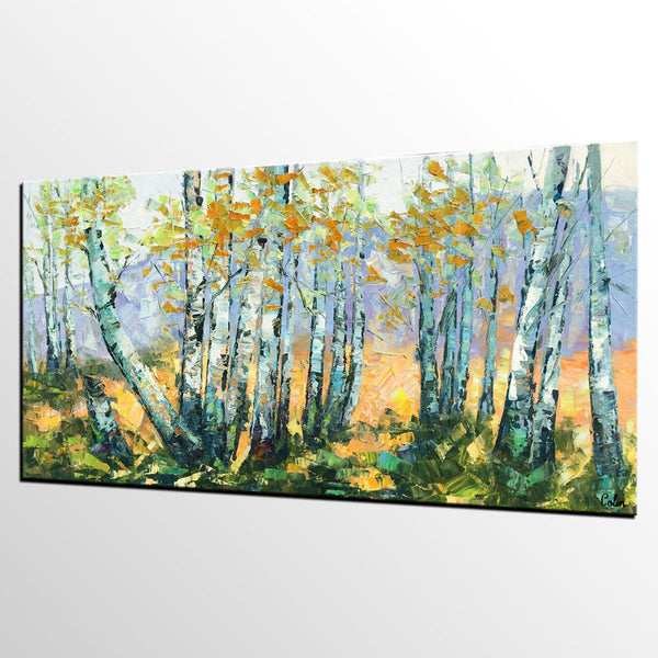 Custom Dining Room Wall Art, Landscape Painting, Birch Tree Painting, Impasto Canvas Art-Silvia Home Craft