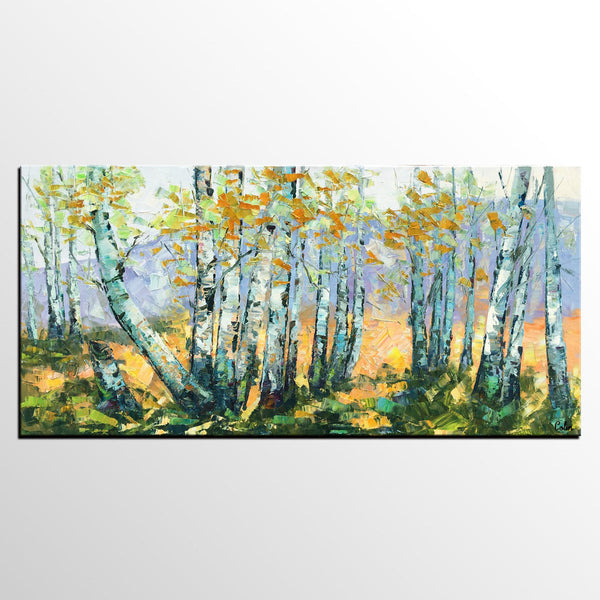 Custom Dining Room Wall Art, Landscape Painting, Birch Tree Painting, Impasto Canvas Art