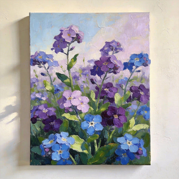 Original Flower Paintings, Hand Painted Canvas Art, Wild Purple Blue Forget-me-nots in Bloom, Small Canvas Wall Art Paintings, Original Oil Paintings-Silvia Home Craft