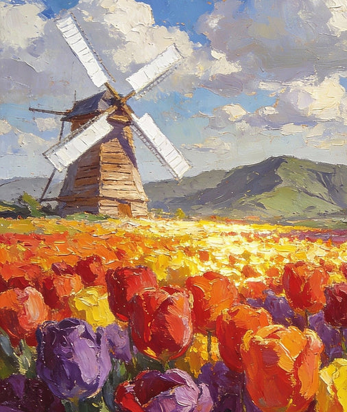 Heavy Texture Oil Paintings, On Canvas Small Paintings, Windmills Amidst a Sea of Blooming Tulips, Hand Painted Canvas Art, Original Small Paintings, Landscape Oil Paintings-Silvia Home Craft