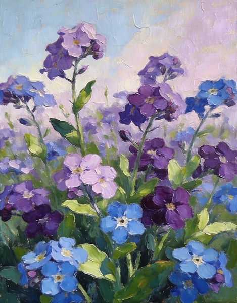 Original Flower Paintings, Hand Painted Canvas Art, Wild Purple Blue Forget-me-nots in Bloom, Small Canvas Wall Art Paintings, Original Oil Paintings-Silvia Home Craft