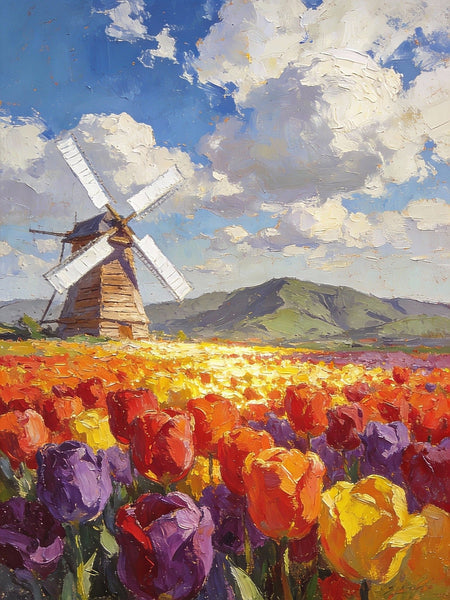 Heavy Texture Oil Paintings, On Canvas Small Paintings, Windmills Amidst a Sea of Blooming Tulips, Hand Painted Canvas Art, Original Small Paintings, Landscape Oil Paintings-Silvia Home Craft