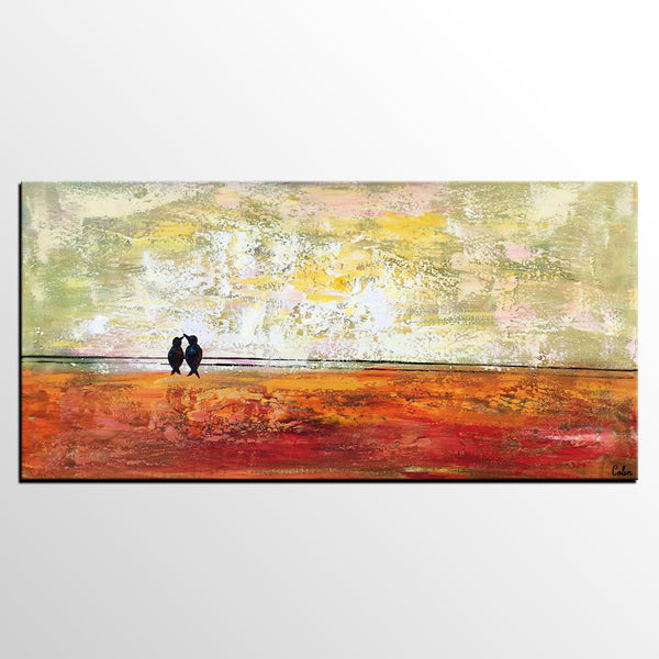 Bird at Wire Painting, Original Painting for Sale, Large Canvas Paintings, Simple Modern Painting, Love Birds Painting, Anniversary Gift-Silvia Home Craft