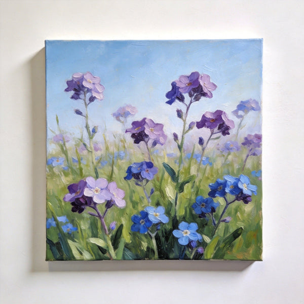 Original Small Canvas Artwork, Purple and Blue Forget-me-nots Blooming Wild, Buy Small Artwork Online, Still Life Painting, Original Flower Paintings, Hand Painted Canvas Art-Silvia Home Craft
