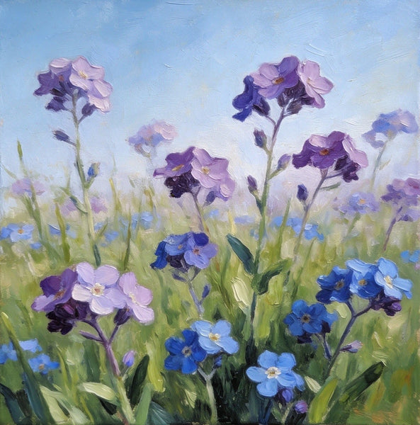 Original Small Canvas Artwork, Purple and Blue Forget-me-nots Blooming Wild, Buy Small Artwork Online, Still Life Painting, Original Flower Paintings, Hand Painted Canvas Art-Silvia Home Craft