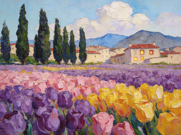 Blooming Tulips in the Countryside, Small Oil Paintings on Canvas, Hand Painted Canvas Art, Heavy Texture Oil Paintings, Original Artwork Small Paintings, Small Wall Paintings-Silvia Home Craft
