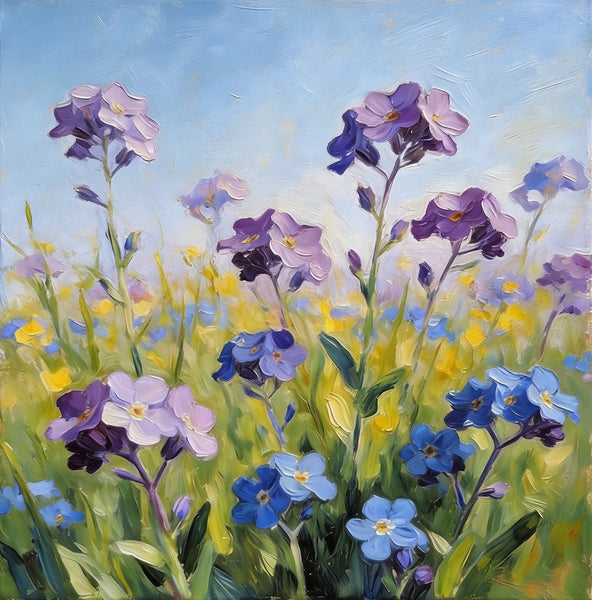 Small Canvas Artwork, Purple and Blue Forget-me-nots Blooming Wild, Buy Small Artwork Online, Hand Painted Canvas Art, Still Life Painting, Original Flower Paintings-Silvia Home Craft