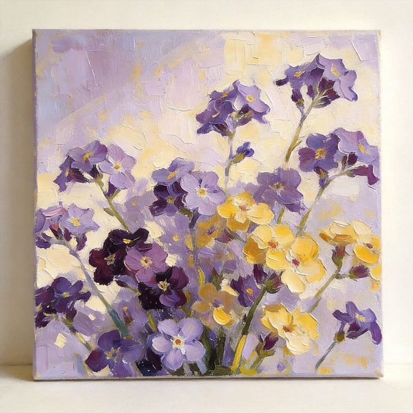Small Canvas Artwork, Original Flower Paintings, Blooming Purple Yellow Forget-me-nots, Still Life Painting, Hand Painted Canvas Art, Buy Small Paintings Online-Silvia Home Craft
