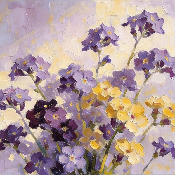 Small Canvas Artwork, Original Flower Paintings, Blooming Purple Yellow Forget-me-nots, Still Life Painting, Hand Painted Canvas Art, Buy Small Paintings Online-Silvia Home Craft