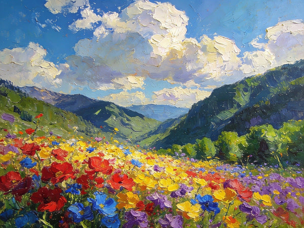 Hand Painted Canvas Art, A Valley in Bloom with Spring Flowers, On Canvas Small Paintings, Original Wall Art Paintings, Original Artwork Small Paintings, Small Landscape Paintings-Silvia Home Craft