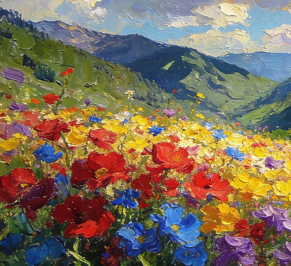 Hand Painted Canvas Art, A Valley in Bloom with Spring Flowers, On Canvas Small Paintings, Original Wall Art Paintings, Original Artwork Small Paintings, Small Landscape Paintings-Silvia Home Craft