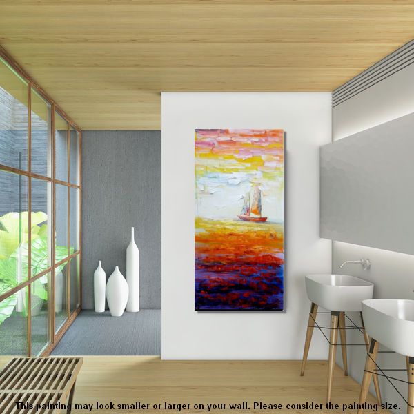 Sailing Boat at Sea, Heavy Texture Art, Original Painting, Custom Extra Large Painting