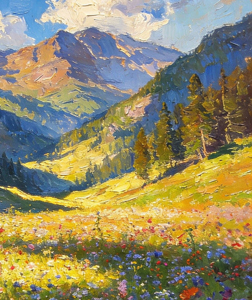 Wildflowers in Bloom Among High Peaks and Valleys, Small Landscape Paintings, Original Small Paintings on Canvas, Small Paintings on Canvas, Hand Painted Canvas Art, Heavy Texture Oil Paintings-Silvia Home Craft