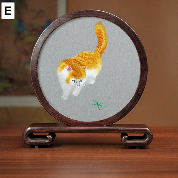 Exclusive Business Present, Lovely Kitty Cat Embroidered Decor, Premium Souvenir, Unique Birthday Gift, Traditional Chinese Suzhou Kitten Embroidery Ornament-Silvia Home Craft