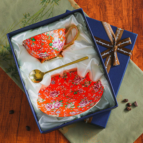 Porcelain Tea Cup and Saucer Set, Floral Ceramic Coffee Cup with Saucer, Traditional English Tea Cup and Saucer Set, Afternoon British Tea Cup with Saucer-Silvia Home Craft