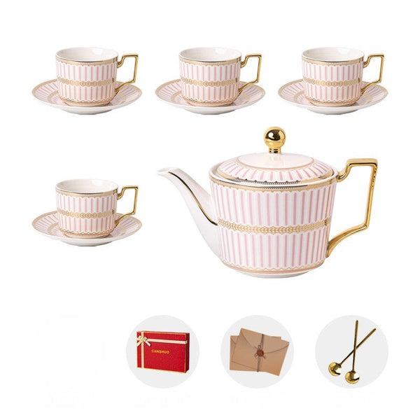 Ceramic Coffee Cups for Office, 7.4 oz British Tea Cups with Teapot, Modern Porcelain Cup and Saucer with Teapot, Pink Porcelain Tea Cup Set of 4 cups-Silvia Home Craft