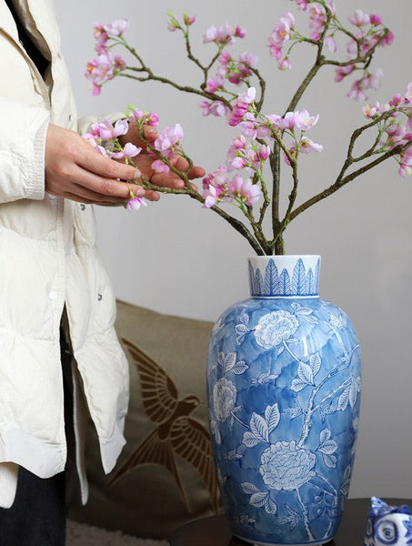 Large Flower Vases on Dining Table, Blue Porcelain Flower Vases, Centerpiece Ceramic Bouquet Vases, Handmade Modern Flower Vase-Silvia Home Craft