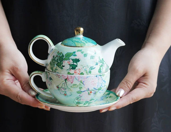 Ceramic Tea Pot with Integrated Cup, Mother-and-Baby Teapot with Matching Saucer, Vintage Style Stackable Tea Pot Set, English Style Tea Pot and Cup Set-Silvia Home Craft