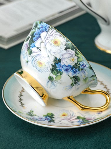 Elegant British Ceramic Coffee Cups, 7.4 oz Tea Cup and Saucer in Gift Box, Royal Porcelain Tea Cup Saucer Set, Rose Flower Pattern Ceramic Cups-Silvia Home Craft