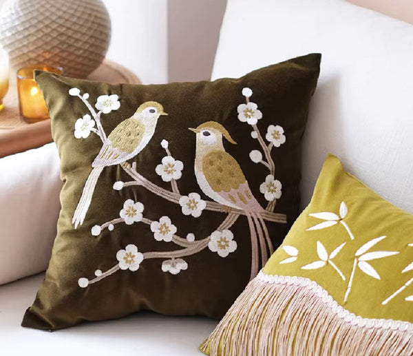 Embroidered birds cushion, Decorative Pillows for Couch, Vintage Decorative Pillows, Modern Throw Pillows for Bedroom, Decorative Pillow Arrangement Ideas for Couch-Silvia Home Craft