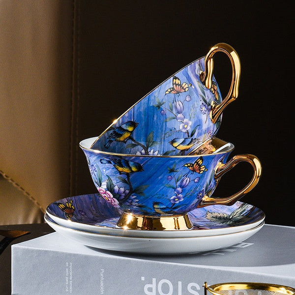 Unique British Tea Cup and Saucer in Gift Box, Blue Bird and Butterfly Porcelain Tea Cup Saucer Set, 7.4 oz British Ceramic Coffee Cups-Silvia Home Craft