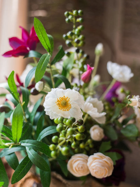 Clematis, Olive Branch, Sweet Alyssum, Corn poppy, Cranberry, Iceberg Rose Flowers, Unique Flower Arrangement for Home Decoration, Beautiful Artificial Flowers for Living Room-Silvia Home Craft