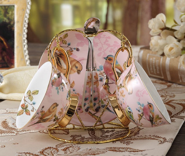 Elegant Ceramic Coffee Cups, Beautiful British Tea Cups, Bird Porcelain Tea Cup Sucer Set, Tea Cups and Saucers in Gift Box as Birthday Gift-Silvia Home Craft