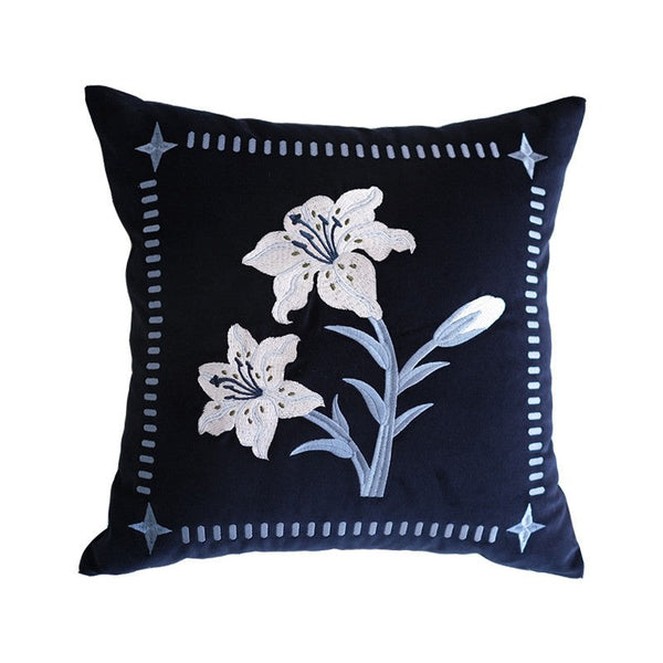 Dark Blue Lily Embroidered Cushion, Living Room Decorative Pillows, Decorative Pillow Arrangement Ideas for Couch, Large Decorative Pillows for Couch, Modern Throw Pillows for Bedroom-Silvia Home Craft
