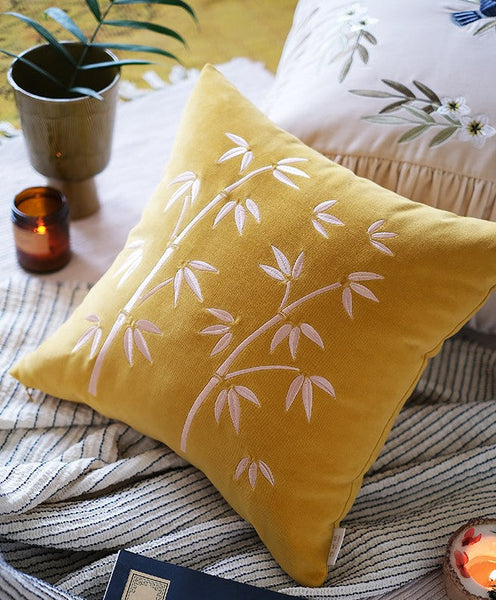 Decorative Pillow Arrangement Ideas for Couch, Large Decorative Pillows for Couch, Modern Throw Pillows for Bedroom, Living Room Decorative Pillows, Yellow Embroidered Bamboo Cushion-Silvia Home Craft