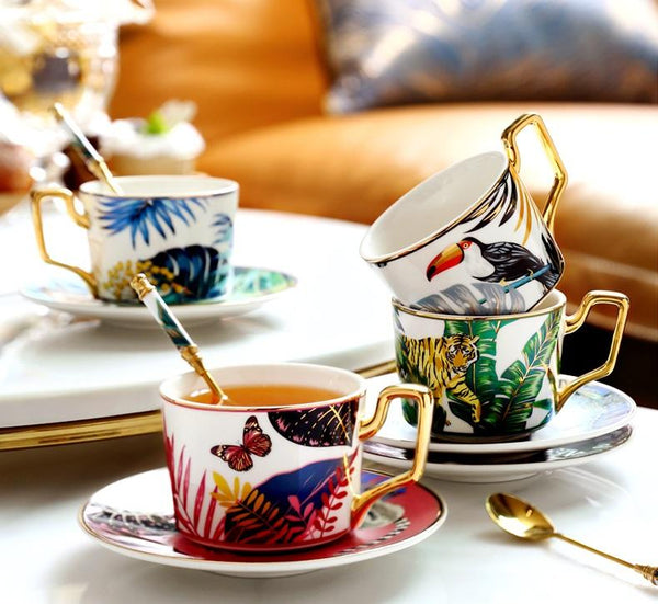 Coffee Cups with Gold Trim and Gift Box, Jungle Leopard Pattern Porcelain Coffee Cups, 7.4 oz Tea Cup and Saucer-Silvia Home Craft