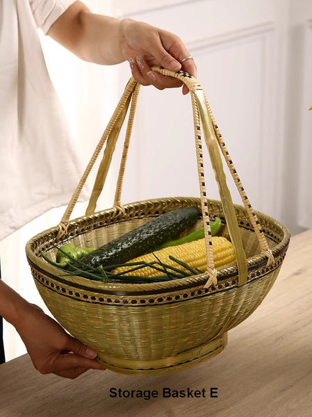 Natural Hand-woven Bamboo Basket, Extra Large Picnic Food Basket with Handle, Lovely Bamboo Baskets for Vegetable, Natural Fruit Basket Kitchen Storage Baskets-Silvia Home Craft