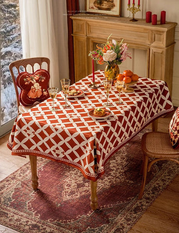 Holiday Red Tablecloth for Dining Table, Rabbit Pattern Table Cover for Dining Room Table, Modern Rectangle Tablecloth for Oval Table