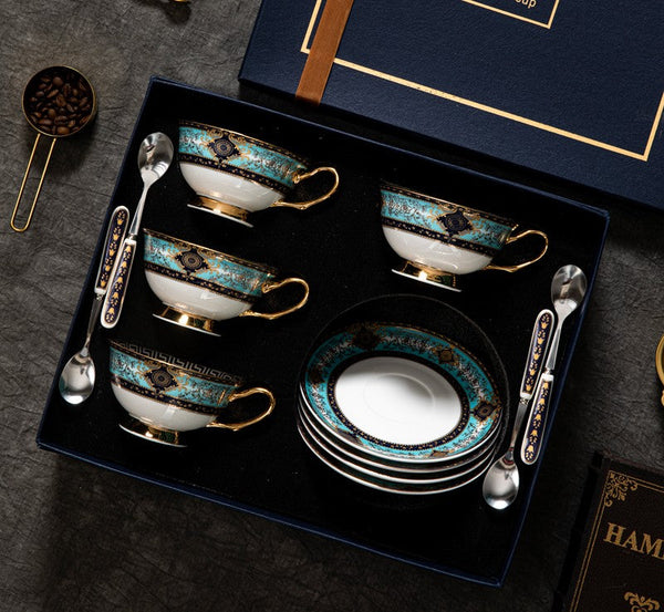 Unique Tea Cup and Saucer in Gift Box, 7.4 oz British Ceramic Coffee Cups, Porcelain Tea Cup Set for Office-Silvia Home Craft
