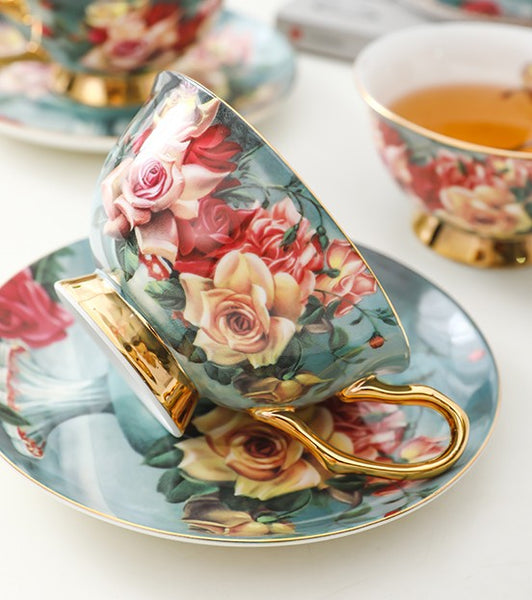 Rose Royal Ceramic Cups, Elegant Flower Ceramic Coffee Cups, Afternoon Bone China Porcelain Tea Cup Set, Unique Tea Cups and Saucers in Gift Box-Silvia Home Craft