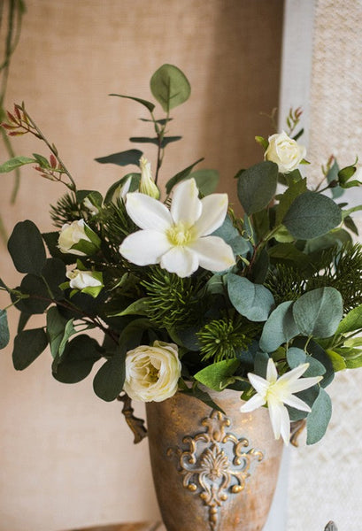 Eucalyptus Globulus, Clematis, White Rose Flowers, Unique Flower Arrangement for Home Decoration, Beautiful Modern Artificial Flowers for Dining Room Table-Silvia Home Craft