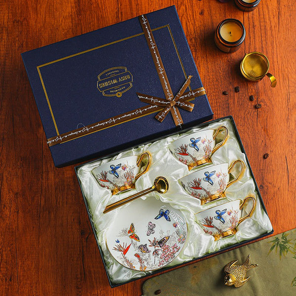 British Traditional Afternoon Tea Cup and Saucer Set, Ceramic Coffee Cups in Gift Box, Butterfly Pattern Porcelain Tea Cup and Saucer Set-Silvia Home Craft
