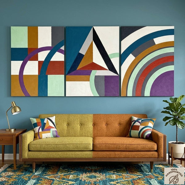 Multi Panel Canvas Art, Geometric Pattern Contemporary Artwork, Abstract Paintings for Mid Century Modern Living Room-Silvia Home Craft