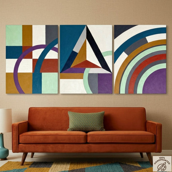 Multi Panel Canvas Art, Geometric Pattern Contemporary Artwork, Abstract Paintings for Mid Century Modern Living Room-Silvia Home Craft